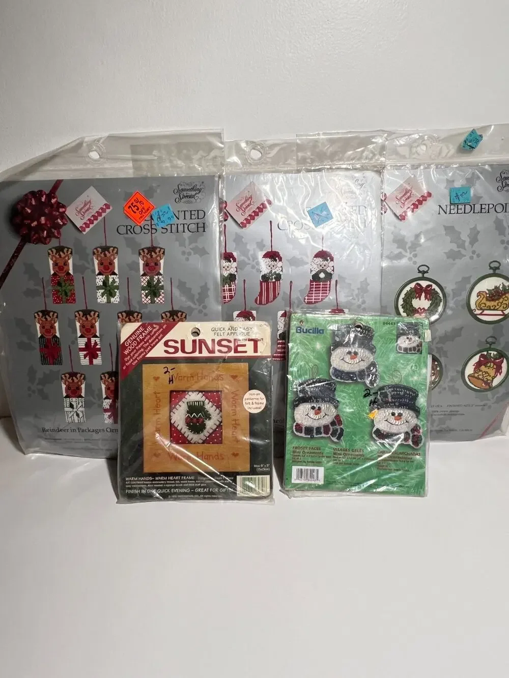 Lot of 5 VTG Holiday Cross Stitch Ornament Kits Needlepoint Christmas Stocking